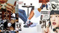 the collage has pictures of women with shoes and accessories on them, including an advertisement for chanin's channel