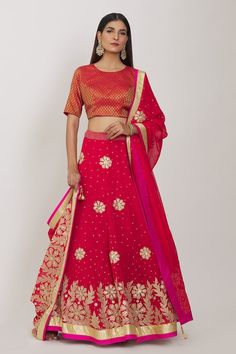 Red attached cancan lehenga with gold floral applique, sequin embroidery. Paired with floral woven padded blouse and dupatta. - Aza Fashions Red Dola Silk Choli With Gota Work, Red Art Silk Lehenga With Gota Work, Fitted Red Lehenga With Gota Work, Festive Lehenga With Zari Work For Diwali, Festive Choli With Gota Work For Diwali, Red Chanderi Lehenga With Zari Work, Red Lehenga With Zari Work In Chanderi, Red Zari Work Chanderi Lehenga, Red Dola Silk Embroidered Fabric For Party