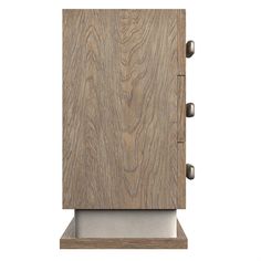 a wooden cabinet with metal handles and knobs on the front, against a white background