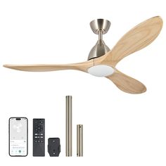 a modern ceiling fan with remote control and wooden blades, shown from the front view