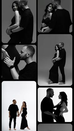 black and white photo collage of couple dancing in front of each other with their arms around each other