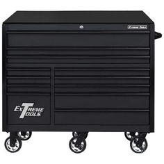 a black tool cabinet with wheels on the front and bottom, for extra storage space