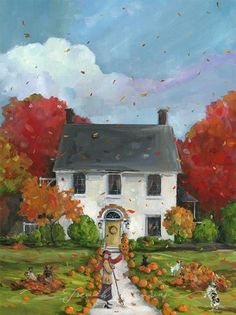 an oil painting of a house with fall leaves on the ground and two children playing outside