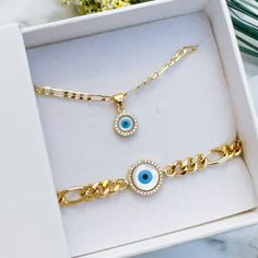 Sapphire Evil Eye Necklace + Bracelet/Anklet Gift Set Simple Evil Eye, Gold Chain Bracelets, Evil Energy, Delicate Gold Bracelet, Tarnished Jewelry, Bad Vibes, Chain Bracelets, Precious Jewels, Yoga Jewelry