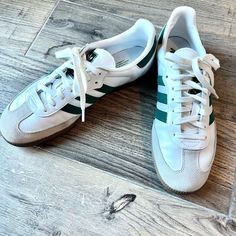 Like New (Only Worn Twice) Adidas White Leather Samba With Suedes Green Stripe And Suede Cap-Toe. Men’s 8.5/Lades 10ish. Great Buy For A Super Popular Shoe! Popular Shoe, Adidas Sambas, Popular Shoes, Adidas White, Adidas Samba, White Adidas, Green Stripes, White Green, Adidas Shoes