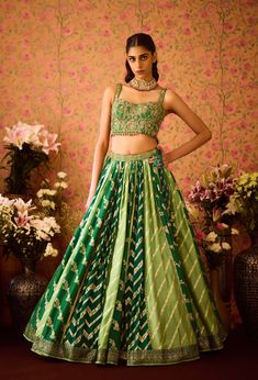 Step into refined elegance with the jasper green hand-embroidered silk brocade blouse, beautifully paired with a multi-panel brocade lehenga. This exquisite ensemble features intricate embroidery that enhances the luxurious fabric, while the lehenga adds depth and flair. An embroidered belt cinches the waist, and the matching dupatta completes the look, making it a perfect choice for festive celebrations and special occasions. Brocade Lehenga, Green Lehenga, Embroidered Belt, Brocade Blouses, Casual Tunics, Silk Brocade, Indian Attire, Silk Organza, Indian Ethnic Wear