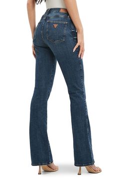 Fall for the silhouette of these high-waist jean punctuated with flared hems. 48% cotton, 45% lyocell, 5% elastomultiester, 2% elastane Machine wash, tumble dry Imported Fitted Dark Wash Flare Jeans With Five Pockets, Fitted Flare Jeans In Medium Wash, Fitted Medium Wash Flare Jeans With Five Pockets, Fitted Flare Jeans With Frayed Hem, Dark Wash Denim Bottoms With Flared Hem, High Rise Medium Wash Cotton Flares, Mid-rise Denim Blue Cotton Flares, Mid-rise Medium Wash Cotton Flares, High Rise Cotton Flares In Medium Wash