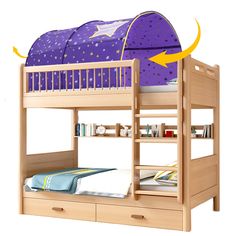 a bunk bed with two drawers underneath it and a purple tent on the top shelf