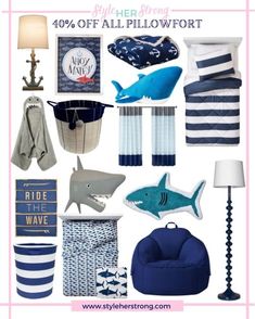 a collage of blue and white items with the words, 40 % off all pillowfortt