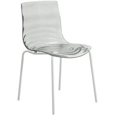 a clear plastic chair sitting on top of a white metal frame