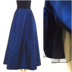 "A sophisticated & elegant iridescent midnight blue taffeta skirt, very flared with 6 gores.  The skirt fastens on the left side with an invisible zipper. There is no waistband so skirt can sit either at waist or just below. It is somewhere around ankle length, depending on your height and height of heel being worn. Tulle is gathered onto the lower part of the lining, forming a partial crinoline, which adds fulness to the skirt.  The fabric will make a lovely swishing sound when you move.  A lov Elegant Blue Skirt For Prom, Elegant Blue Wedding Skirt, Blue Pleated Evening Skirt, Elegant Party Skirt With Satin Finish, Fitted Taffeta Skirt For Evening, Evening Taffeta Skirt, Fitted Taffeta Party Skirt, Fitted Taffeta Skirt For Parties, Blue Fitted Satin Skirt