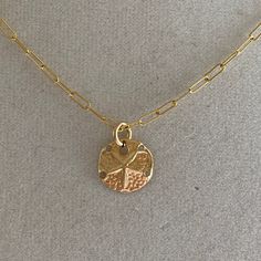 A sand dollar coin dangles from a delicate gold chain. The chain measures approximately 17 inches long is adjustable up to an inch shorter. Yellow Gold Coin Charm Necklace With Adjustable Chain, Everyday Delicate Chain Coin Necklace, Everyday Coin Necklace With Delicate Chain, Gold Round Disc Charm Necklace, Gold Round Disc Charm Necklace In 14k Gold Filled, Gold Round Disc Charm Necklace 14k Gold Filled, Adjustable Necklace With Coin Pendant, Gold Adjustable Round Disc Charm Necklaces, Nickel-free Yellow Gold Medallion Coin Necklace