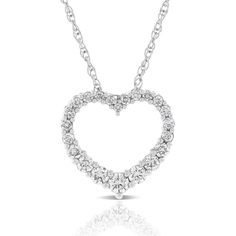 Diamonds, graduated in size, form the shape of a heart, making a lovely piece of jewelry perfect for every day wear. Formal Heart Cut Necklace With Prong Setting, Heart-shaped Necklace With Prong Setting For Wedding, Classic Round Diamond Heart Necklace, Wedding Heart Necklace With Diamond Accents And Round Cut, Heart-shaped Wedding Necklace With Prong Setting, Wedding Heart Necklace With Round Cut Diamond, Heart Shaped Wedding Necklace With Prong Setting, Classic Open Heart Diamond Necklace For Wedding, Wedding Heart Necklace In Prong Setting