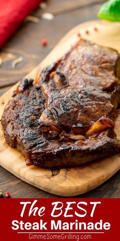 steak marinade on a cutting board with the title above it