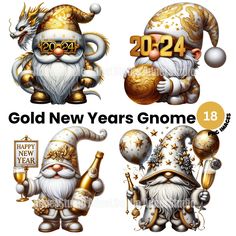 new year gnomes with gold and silver decorations