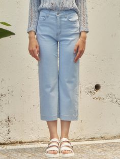 Editor's notesSoft and comfortable,this is lightweight ankle-length denim pants in sky blue color. It featuresstraight fit silhouette and the light fabric that allow you to match withvarious items to create casual mood in hot summer. It also accentuated the comfortablefabric that are mixed with span and cotton. - Straight fit- Ankle length- Cotton made,comfortable to wear- Pink leather tagon the back Measurements(in.)SIZE (S/M)- Waist: 12.2 in/ 13.18 in- Hip: 17.71 in/ 18.7 in- Thigh: 10.43in / 10.82 in- Front rise:10.62 in / 11.02 in- Hem: 9.25 in/ 9.44 in- Length: 34.25in / 34.84 in*Model info:Height 5’8”, Weight 50kg, Waist 24.8” Composition& Care- 97% Cotton, 3%Span- ModerateThickness / No lining fabric / Moderate flexibility / Not See-through- Dry Clean recommended- Light Blue Wide Leg Jeans For Summer, Spring Light Wash Mid-rise Cropped Jeans, Summer Light Wash Flare Jeans, Trendy Summer Light Wash Flare Jeans, Trendy Light Wash Flare Jeans For Summer, Trendy Spring Cropped Jeans, Spring Denim Blue Cropped Jeans, Spring Cropped Jeans In Denim Blue, Light Wash Mid-rise Summer Pants