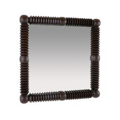 a square mirror with wooden posts in the middle