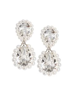 REDUCED FROM $190.00 TO $110.00 USD Add a regal touch to you look with our pearl accented Royal Drop earrings. Mini pearls surround this classic tear drop silhouette. Available in either a Rhodium/clear crystal or a gold/crystal de lite color way. Elizabeth Bower logo plate 0.78"/20mm wide x 1.57"/40mm long Post back (Clip available upon request) Shipped in gift packaging with care instructions. SALE ITEMS ARE FINAL SALE, NO RETURNS OR EXCHANGES Evening Crystal Pearl Drop Earrings, Formal Crystal Bridal Earrings With Pearl Drop, Elegant Crystal Teardrop Earrings For Formal Occasions, Teardrop Crystal Pearl Earrings For Formal Events, Teardrop Crystal Pearl Earrings For Formal Occasions, Teardrop Crystal Pearl Drop Earrings, Teardrop Pearl Bridal Earrings For Party, Glamorous Teardrop Pearl Earrings For Formal Occasions, Classic Pearl Embellished Bridal Earrings For Parties