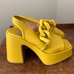 Brand New. Never Worn. Heel Height About 5 Inch Heel. Ok For Slightly Wider Foot. Fabric Stretches A Tad. European Sizing 39.5 Formal Yellow Platform Sandals, Elegant Yellow Platform Heels, Chic Yellow Heels With Heel Loop, Luxury Yellow Block Heel Heels, Yellow Square Toe Heels For Party, Yellow Heels With Square Toe For Party, Yellow Square Toe Party Heels, Stella Mccartney Shoes, Jelly Shoes