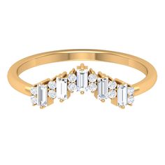 1/2 CT Baguette and Round Cut Moissanite Chevron Stackable Ring Moissanite - ( D-VS1 ) - Color and Clarity - Rosec Jewels Chevron Ring, 18k Yellow Gold Ring, Stackable Ring, Stackable Rings, Yellow Gold Rings, Anniversary Rings, Prong Setting, Round Cut, Solid Gold