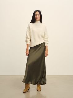 Bias-cut Korean silk skirt with an easy, uncomplicated fit. | Buck Mason Women's Sunset Silk Slip Skirt in Field Olive, Size XL Skirt Boots Outfit, Jefferson White, Silk Slip Skirt, Buck Mason, Fall Outerwear, Italian Dress, Denim Short Dresses, Skirts With Boots, Slip Skirt