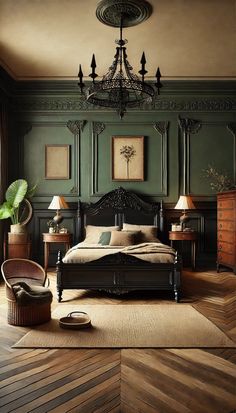 a bedroom with green walls and wooden floors, an antique style bed in the center