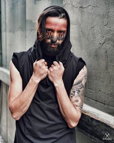 handcrafted black sleeveless top/hoodie. Unisex. Long Black Hoodie, Black Long Top, Burning Man Clothing, Cyberpunk Clothing, Dystopian Fashion, Burning Man Costume, Cyberpunk Clothes, Man Clothes, Black Sleeveless Top