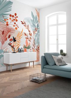 The revitalizing energy of a tropical summer radiates from this cheerful wall mural! Delicate foliage and lush palms are inked in shades of soft teal, orange, and red against a white and neutral color-blocked backdrop. Tropical Flora Wall Mural comes on 4 panels. Measures 6-ft 6-in wide by 8-ft 2-in tall when assembled. Komar Aspiring Colours Wall Mural in Orange | X4-1073 Mountains Photo, Interior Design Per La Casa, Wall Painting Decor, Wall Paint Designs, Ink Blue, Design Del Prodotto, Mural Wall Art, Wallpaper Bedroom, Room Wall Art