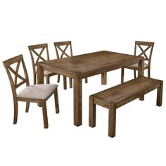 a wooden table with four chairs and a bench