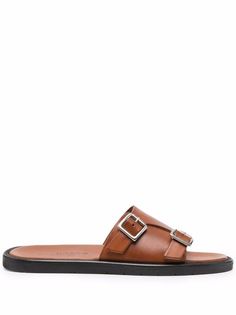 Scarosso Constantino Buckled Sandals - Farfetch Casual Leather Slides With Tang Buckle, Brown Leather Footbed Sandals With Open Heel, Classic Flat Slides With Buckle Closure, Classic Leather Sandals With Rectangular Buckle, Brown Footbed Sandals With Leather Sole And Open Heel, Brown Leather Sole Open Toe Footbed Sandals, Leather Slide Mules With Tang Buckle, Leather Slip-on Slides With Buckle Closure, Brown Calf Leather Sandals With Leather Footbed