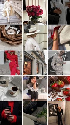 a collage of photos with red and white flowers in the center, one woman holding a coffee cup