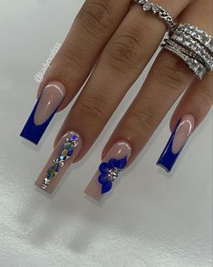 Prom Nail Ideas Royal Blue, Nail Ideas For Prom Blue, Prom Nail Inspo Royal Blue, Royal Blue Nails Designs For Prom, Graduation Nails Royal Blue, Blue And Gold Prom Nails, Nail Ideas Royal Blue And Silver, Navy Prom Nails Acrylic