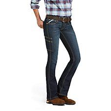 The Ariat� Rebar� DuraStretch Riveter Boot Cut Jeans for Ladies deliver a rugged durability that's perfect for your outdoor lifestyle, and they have built-in give and stretch for astounding comfort and freedom of movement. These Ariat women's jeans are made of 10-oz. DuraStretch ring-spun denim, which is giving, soft, and it's 2 times more durable than many other denims on the market. Plus, they look great, feel great, and these mid-rise, boot-cut women's jeans feature an extra knife pocket and Feeding Horses, Workwear Store, Welding Gear, Clothing Wishlist, Work Pants Women, Work Jeans, Denim Boots, Comfy Pants, Cowgirl Outfits