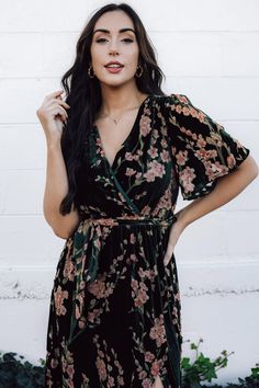 Say hello to our Uma Velvet Maxi Dress! This gorgeous dress features clove velvet material with a unique burnout mesh floral print. Party Wrap Dress With Tie Waist And Short Sleeves, Belted Short Sleeve Wrap Dress For Party, Short Sleeve Tie Waist Wrap Dress For Party, Short Sleeve Wrap Dress With Tie Waist For Party, Short Sleeve Floral Print Dress For Date Night, Chic Floral Short Sleeve Dress For Date Night, Chic Floral Dress For Date Night With Short Sleeves, Green Short Sleeve Wrap Dress, Belted Maxi Dress For Brunch With Short Sleeves