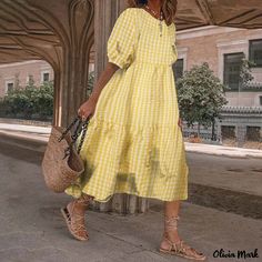 Olivia Mark - Stylish Casual Long Sleeve Plaid Pleated Loose Fit Dress with Calf-length Party Flare