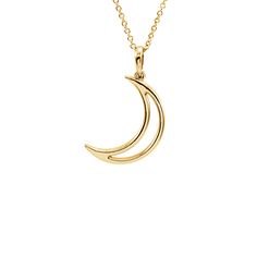 A timeless classic 16-inch necklace design fashioned from 14k yellow gold featuring an open crescent moon pendant and a 1mm width solid cable chain finished with a spring ring clasp. The pendant is approximately 12mm (7/16 inch) in width by 24mm (15/16 inch) in length, which includes the bail. Fine Gold Necklace, 16 Inch Necklace, Crescent Moon Pendant, Bow Jewelry, Necklace Design, Crescent Moon Necklace, Small Pendant, Shell Pendant, Moon Pendant