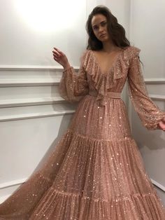 Details- Baby pink color - Gorgeous sparkle, glittery soft tulle fabric- A-line dress with long sleeves- Evening, party dress 70s Dresses Formal, Glittery Gown, 70s Prom Dress, 70s Prom, Sukienki Maksi, Princess Vibes, Custom Prom Dress, Evening Gowns Elegant, Long Sleeve Sequin