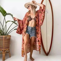 Elevate Your Wardrobe With Our Gorgeous Floral And Paisley Printed Open Style Kimono Wrap. Perfect For Your Next Vaca As It Pairs Well Over A Swimsuit Or A Layered For A Daytime Look. Comes With A Matching Self Tie Sash Style Belt. One Size Fits Most Preorder Ships In Approx. One Week Our Boutique Is Filled With A Curated Collection Of Styles: Spell Gypsy Boho Bohemian Hippie Retro Vintage Handmade Coachella Festival Free People Anthropologie Johnny Was Urban Outfitters Western Aztec Tribal Flor Red V-neck Kimono For Summer, Casual Red V-neck Kimono, Pink Bohemian V-neck Kimono, Red Beachwear Kimono For Festival, Red Kimono For Festival Beachwear, Red Kimono For Beach Cover-up, Red Bohemian Flowy Kimono, Pink Boho Print Kimono For Beach, Summer Red Free Size Kimono