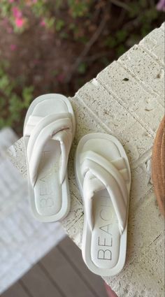 White summer beach slide sandal Summer Slides, Beach Slides, White Summer, Perfect Summer, Slide Sandals, Summer Beach, The Cutest, This Summer, Slides