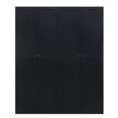 a black cabinet with three doors and two drawers on the bottom, in front of a white background