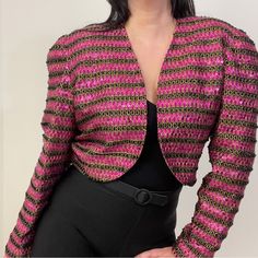 Amazing Piece. Pictures Don’t Do Justice! The Beading Effect Works Like Stripes. The Pink Color Is A Perfect Valentino Pp. Look At The Sleeves Ruched Towards The Top Making It A Balloon. Non Removable Shoulder Pads. No Hitched Closing. All Beading Is Intact. Fits Like A A Size 4-6. Vintage Size Says 12 But Fits Like A 4-6 Offers Welcome! Festive Fitted Beaded Outerwear, Fitted Long Sleeve Beaded Outerwear, Pink Embellished Fitted Outerwear, Fitted Pink Embellished Outerwear, Fitted Beaded Evening Outerwear, Spring Beaded Outerwear For Parties, Spring Party Beaded Outerwear, Beaded Bolero, Bolero Jacket