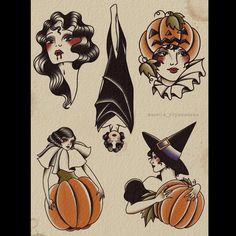 an old school halloween tattoo design with witches, bats and pumpkins on the back