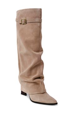 A slouchy, fold-over shaft enhances the modern allure of a knee-high boot styled with a pointy toe and tapered block heel. 3" heel 13" shaft; 10" calf circumference Cushioned footbed Leather upper, lining and sole Imported Cute Fall Shoes, Expensive Wishlist, Neutral Boots, Dust Bunny, Boots Nordstrom, Fancy Shoes, Shoe Inspo, Aesthetic Shoes, Mood Board Fashion