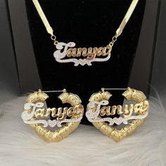 Material: Copper. Color: Gold. Necklcae Chain Length: 14",16",18",20",22". Earrings Diameter: 60mm/ 2.36". Process: Gold plated. Recipient: Woman, Mom, Wife, Girl Friend, Children, Family. Product Type: Personalized Jewelry. Gift Type: Set. Occasions: Valentine's Day, Mother's Day, Christmas, Birthday, etc. Jewelry Type: Name Necklace, Name Earrings. Brand: Silviax Jewelry. Gold Heart-shaped Metal Jewelry Sets, Heart-shaped Gold Metal Jewelry Sets, Heart-shaped Metal Jewelry Sets For Valentine's Day, Gold Jewelry Sets For Valentine's Day, Valentine's Day Heart-shaped Metal Jewelry Sets, Silver Heart-shaped Metal Jewelry Sets, Gold Heart Pendant Jewelry Set For Anniversary, Gold Jewelry Sets With Heart Pendant For Anniversary, Anniversary Gold Jewelry Set With Heart Pendant