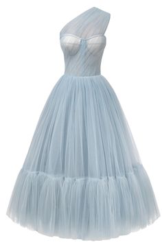 This light blue one-shoulder A-line midi dress features a puffy tulle skirt with a short underskirt, a lace-up corset bustier, and an asymmetrical sheer sleeve. Material: Tulle Composition: 100% polyester Skirt length from waist: 35.4 inches Dress weight: 17.6 lbs Neckline: Heart-shaped Back: Lace-up corset Built-in cups Lining: Light blue short underskirt Machine wash gentle cycle up to 86°F Do not bleach Steam up to 250°F Dry cleaning allowed Do not tumble dry Dry vertical Store hanging with i Tulle Dress For Debutante Ball With Full Skirt, Blue Tulle Dress With Boned Bodice, Evening A-line Tulle Corset Dress, Elegant Blue Tulle Corset Dress, Tulle Full Skirt Prom Dress, A-line Tulle Corset Dress For Prom, Fitted Blue Tulle Corset Dress, Formal Tulle Full Skirt Dress, Full Tulle Skirt Dress For Debutante Ball