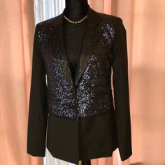 18” Pit To Pit, 26” Shoulder To Bottom Hemline. One Button Closure. Fully Lined Tailored Party Blazer With Buttons, Notch Lapel Outerwear With Buttons For Party, Notch Lapel Outerwear For Parties, Long Sleeve Sequined Blazer For Work, Sequined Workwear Blazer, Black Notch Lapel Outerwear For Party, Fall Notch Lapel Blazer With Sequins, Party Outerwear With Notch Lapel And Button Closure, Fall Workwear Blazer With Sequins