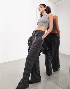 ASOS EDITION pleat front wide leg pants in charcoal pinstripe | ASOS Printed Trousers, Embellished Dress, Printed Leggings, Trousers Women, Everyday Look, Occasion Wear, Leg Pants, Wide Leg Pants, Fitness Models