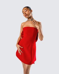 Put a bow on it 😌 This red strapless mini dress made from fully-lined stretch suiting fabric complete with a center back bow will have you wrapped like the gift you are 💋 Strapless Mini Dress With Bow Tie Back, Party Strapless Mini Dress With Bow Tie Back, Formal Strapless Mini Dress With Bow Tie Back, Formal Strapless Mini Dress With Bow, Strapless Mini Dress With Bow For Cocktail, Strapless Cocktail Dress With Bow Tie Back, Fitted Strapless Mini Dress With Bow Tie Back, Flirty Strapless Mini Dress With Bow, Strapless Sleeveless Dress With Bow For Date Night