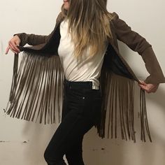 Sexy 70s Western Vintage Brown Leather Vibes ! 17 Inch Fringe! So Cool! Fitted Brown Outerwear For Night Out, Brown Fall Party Outerwear, Brown Spring Blazer For Night Out, Brown Blazer For Night Out In Spring, Chic Brown Party Outerwear, Brown Spring Outerwear For Night Out, Fitted Fringe Outerwear For Parties, Chic Fringe Blazer For Fall, Fitted Party Outerwear With Fringe