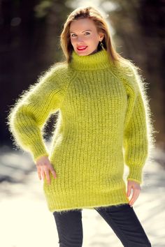 Ready to ship mohair sweater by SuperTanya Brand:  SuperTanya; Style: hand knitted mohair sweater; Material: premium class mohair; Color: Green; Design: Ribbed design mohair sweater; Size M-L Body length, measured from the shoulder top to the bottom end: 29.1" / 74 cm; Chest width, measured at the back, between the underarms: 21.3″ / 54 cm; Sleeve length, measured from the neckline to the end of the cuff: 27.6″ / 70 cm Net weight: 0.980kg. The lady modeling is 5'8'' (174 cm) tall, bust 34.6 inch Fitted Mohair Turtleneck Sweater, Fitted Mohair Sweater With Soft Knit, Green Mohair Cozy Sweater, Fitted Mohair Soft Knit Sweater, Fitted Soft Knit Mohair Sweater, Cozy Green Mohair Sweater, Fitted Mohair Knitted Sweater, Fuzzy Mohair Sweater, Sweater Handmade